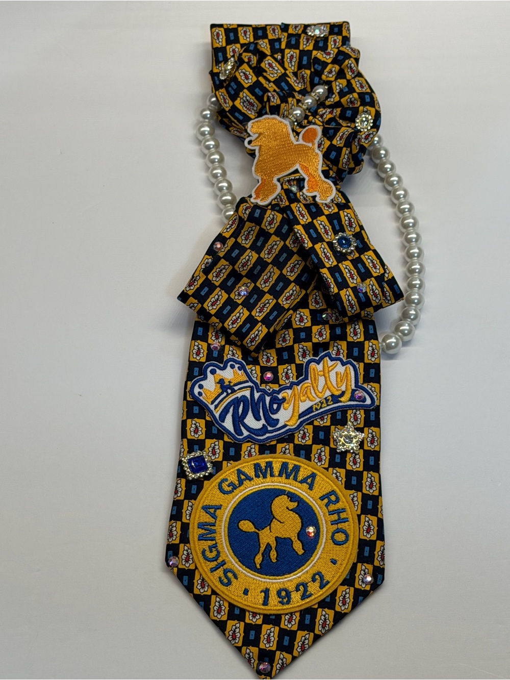 Sigma Gamma Rho Sorority Poodle Patch Decorative Tie  Necklace - Navy & Gold